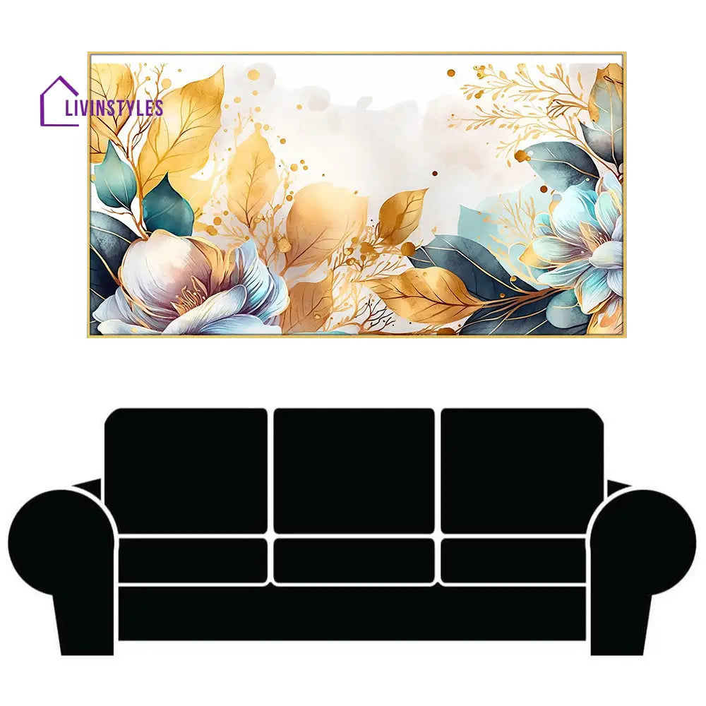 Harmonious Gold And Blue Blooms Wall Painting