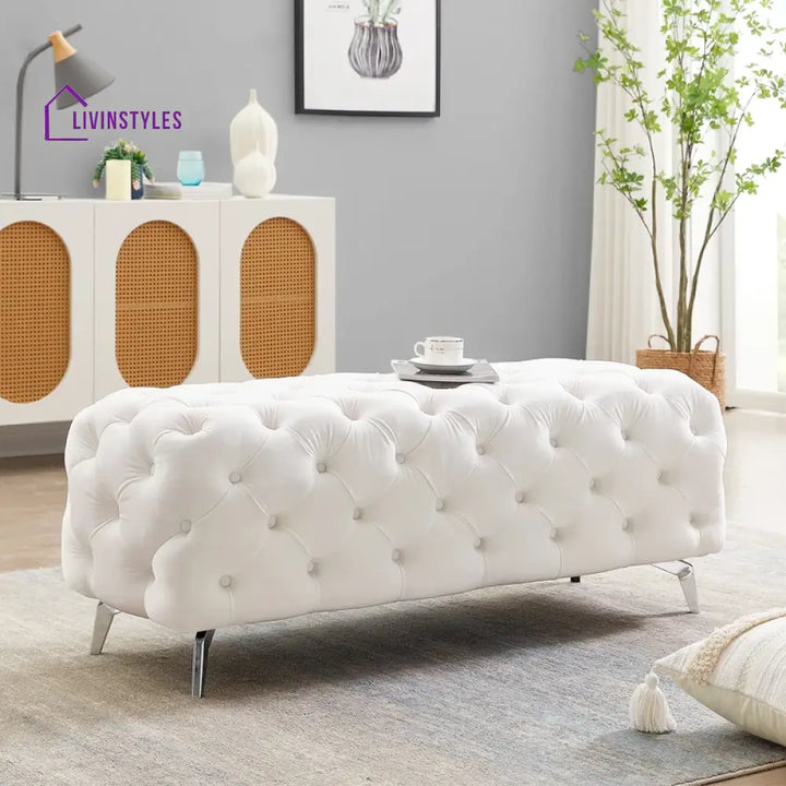 Hazel Artistic Tufted White Velvet Rectangular Ottoman Chairs