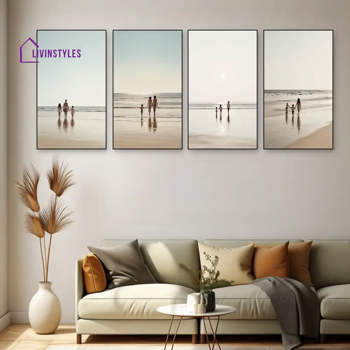 Heartwarming Family Beach Walk Series Set Of 4 Canvas Wall Painting