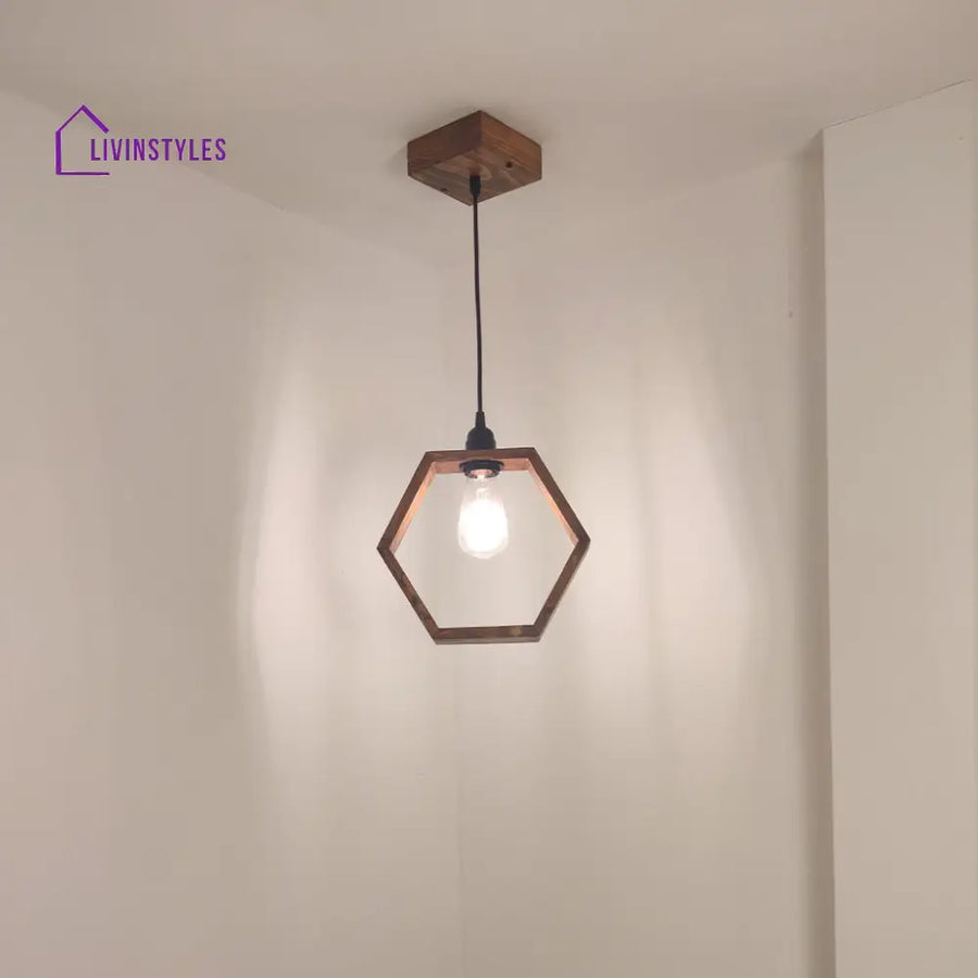 Hex Brown Wooden Single Hanging Lamp Lamps