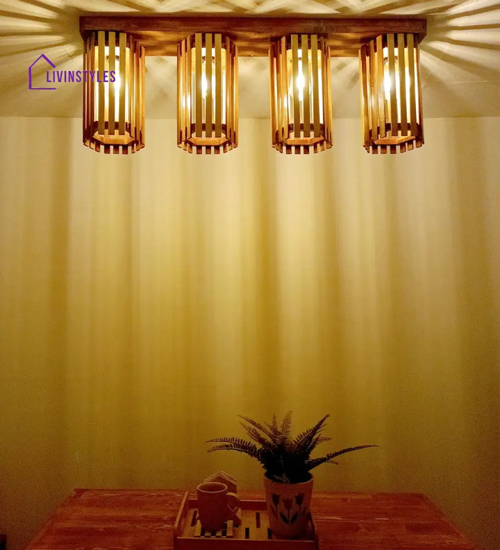 Hexa Brown Wooden 4 Series Ceiling Lamp Lights