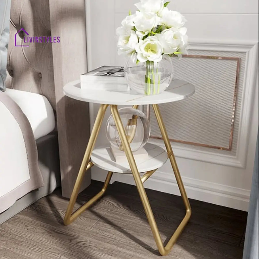 Highland Modern Luxurious Round Marble Side Table In Gold Color