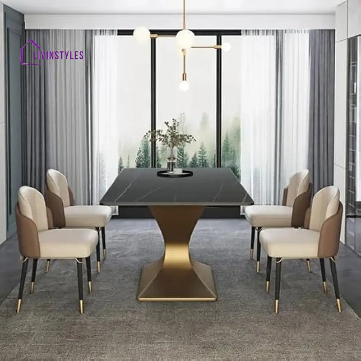 Hina Black Marble Modern Dining Table In Gold Finish