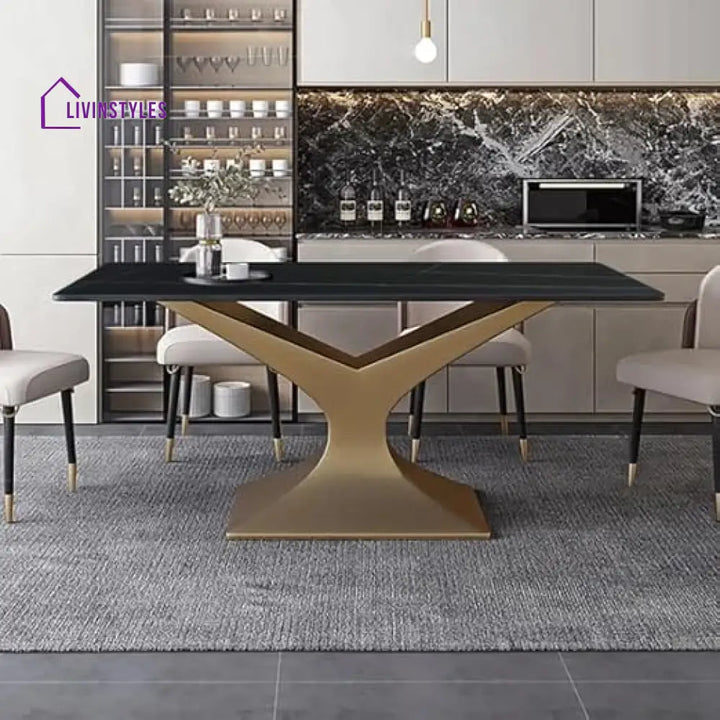 Hina Black Marble Modern Dining Table In Gold Finish