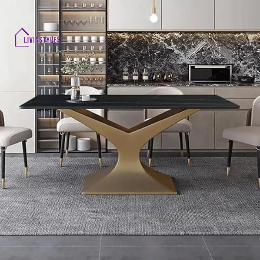 Hina Black Marble Modern Dining Table In Gold Finish