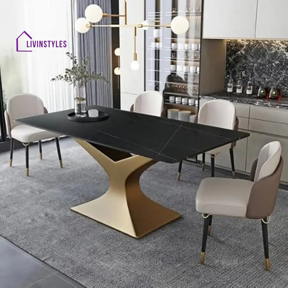 Hina Black Marble Modern Dining Table In Gold Finish