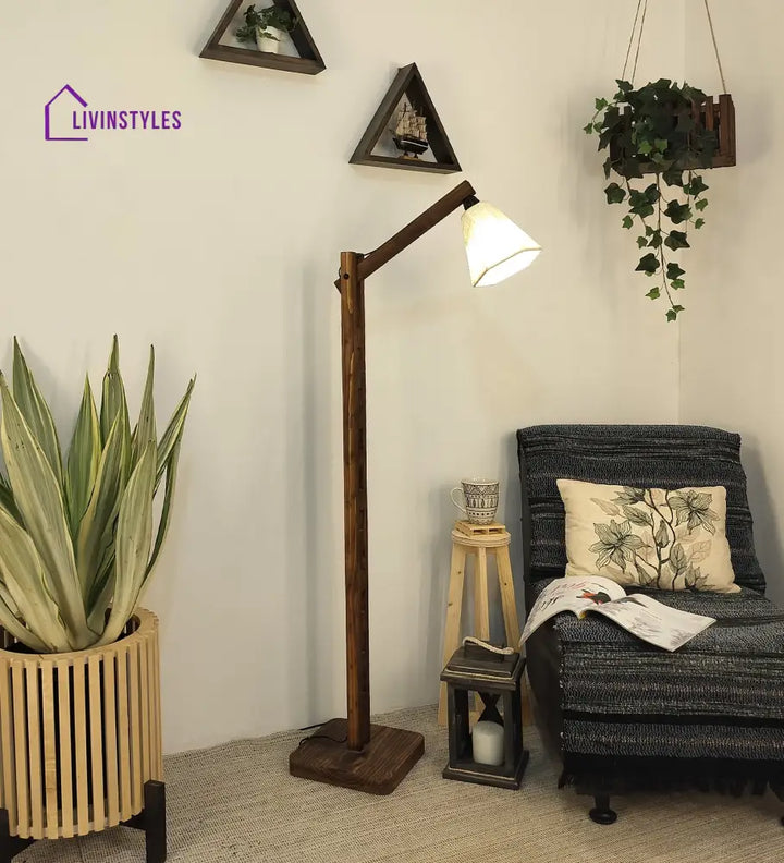 Hinge Wooden Floor Lamp With Brown Base And Beige Fabric Lampshade Lamps