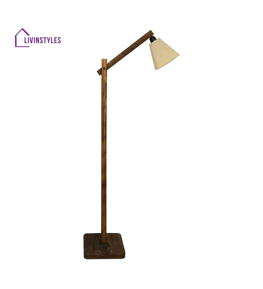 Hinge Wooden Floor Lamp With Brown Base And Beige Fabric Lampshade Lamps