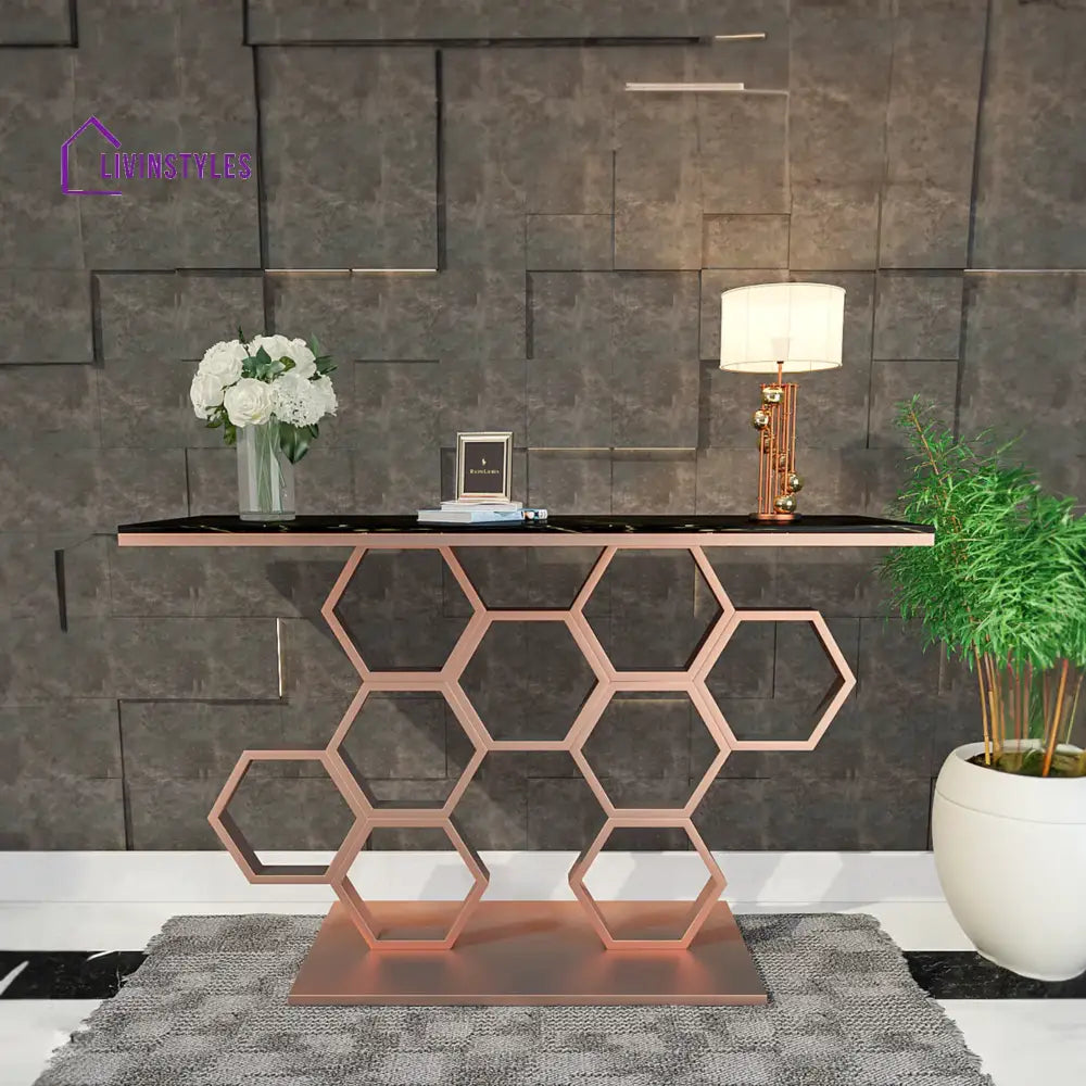 Honeycomb Motif Copper Finish Metal Console Table for home decor