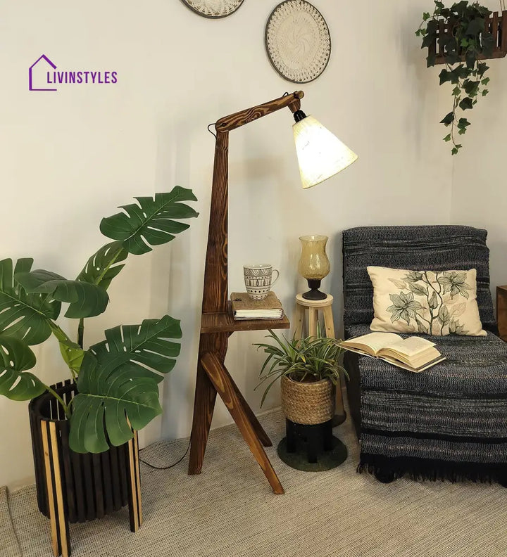 Hubert Wooden Floor Lamp With Brown Base And Jute Fabric Lampshade Lamps