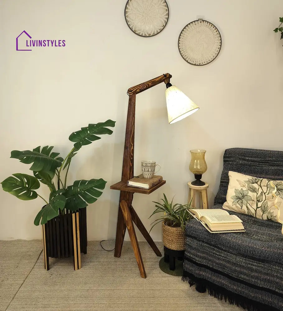 Hubert Wooden Floor Lamp With Brown Base And Jute Fabric Lampshade Lamps