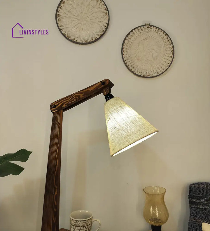 Hubert Wooden Floor Lamp With Brown Base And Jute Fabric Lampshade Lamps