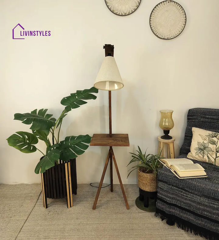 Hubert Wooden Floor Lamp With Brown Base And Jute Fabric Lampshade Lamps