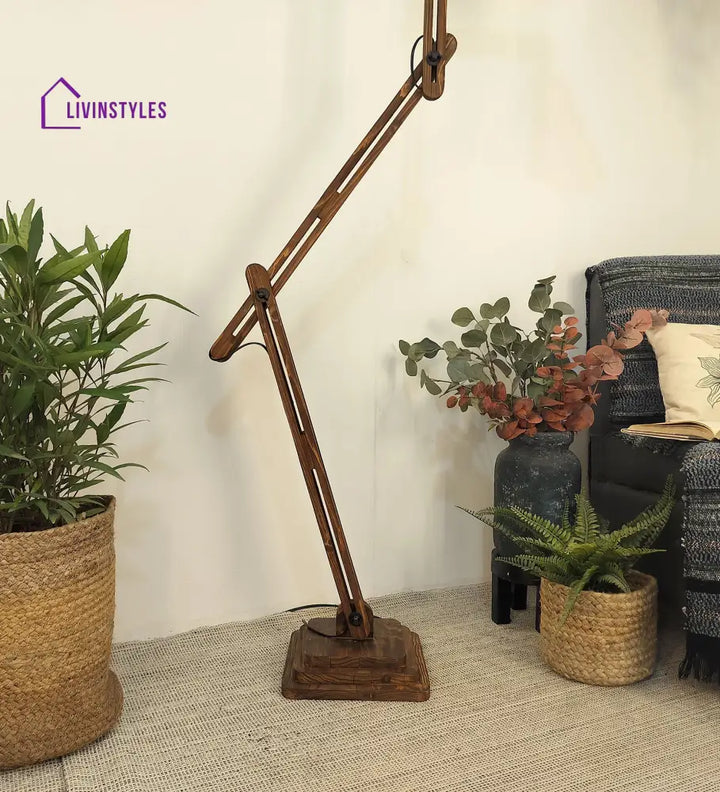 Hydra Wooden Floor Lamp With Brown Base And Jute Fabric Lampshade Lamps