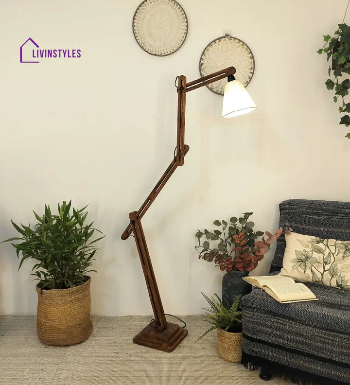 Hydra Wooden Floor Lamp With Brown Base And Jute Fabric Lampshade Lamps