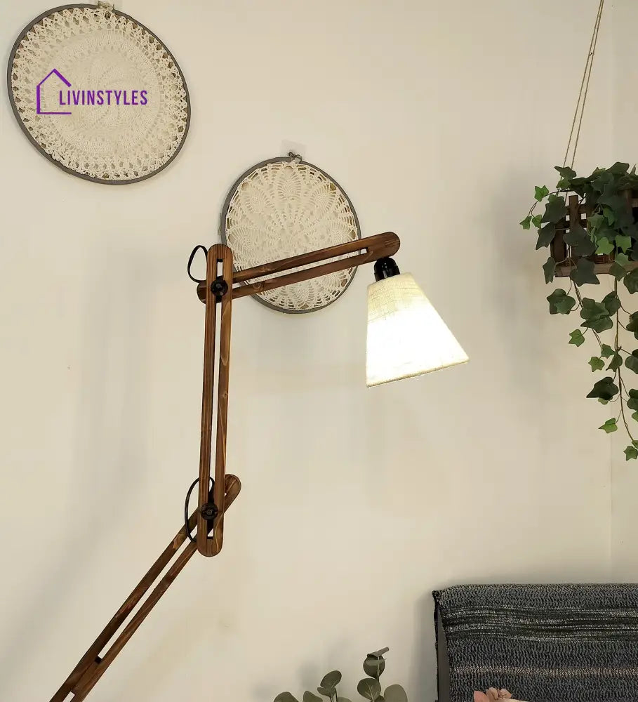 Hydra Wooden Floor Lamp With Brown Base And Jute Fabric Lampshade Lamps