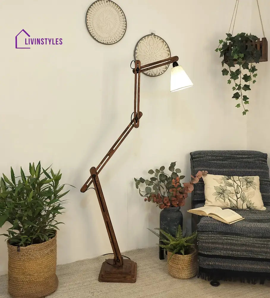 Hydra Wooden Floor Lamp With Brown Base And Jute Fabric Lampshade Lamps