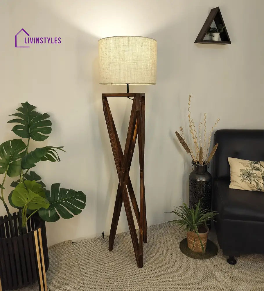 Ignis Wooden Floor Lamp With Brown Base And Jute Fabric Lampshade Lamps