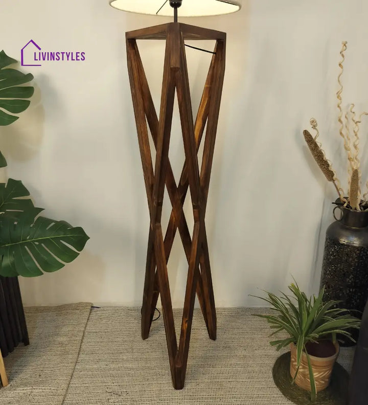 Ignis Wooden Floor Lamp With Brown Base And Jute Fabric Lampshade Lamps