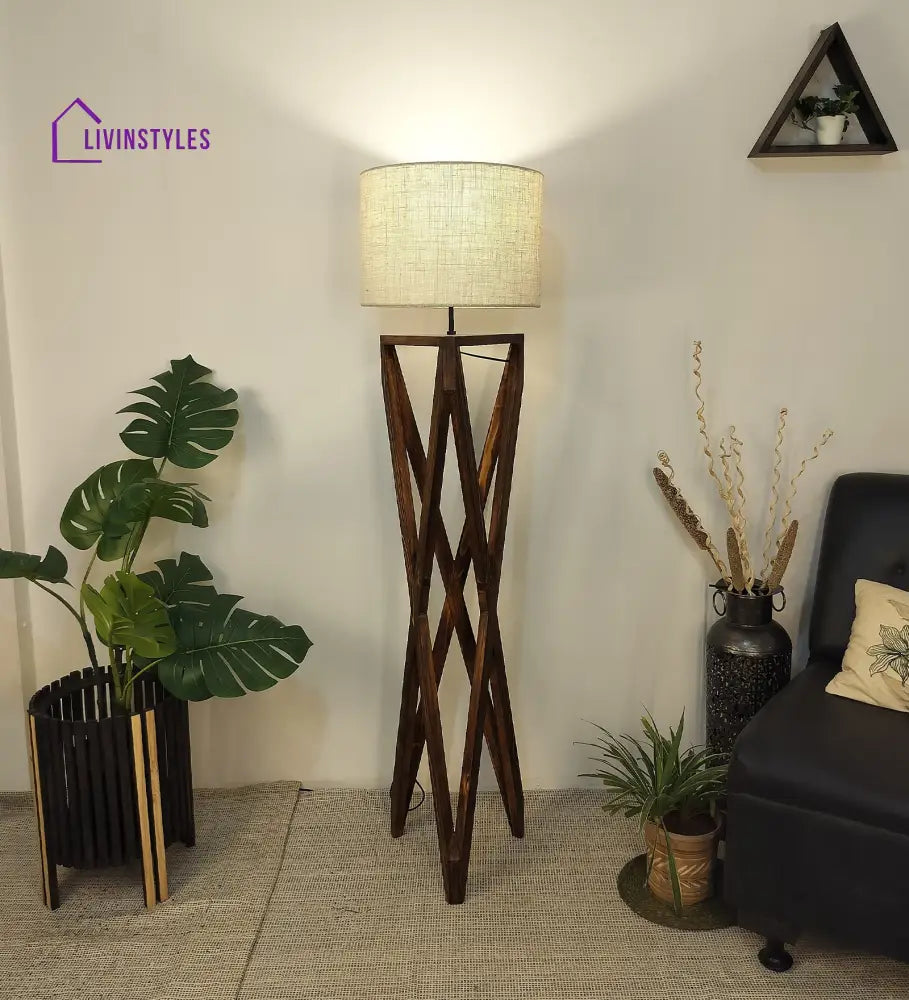 Ignis Wooden Floor Lamp With Brown Base And Jute Fabric Lampshade Lamps