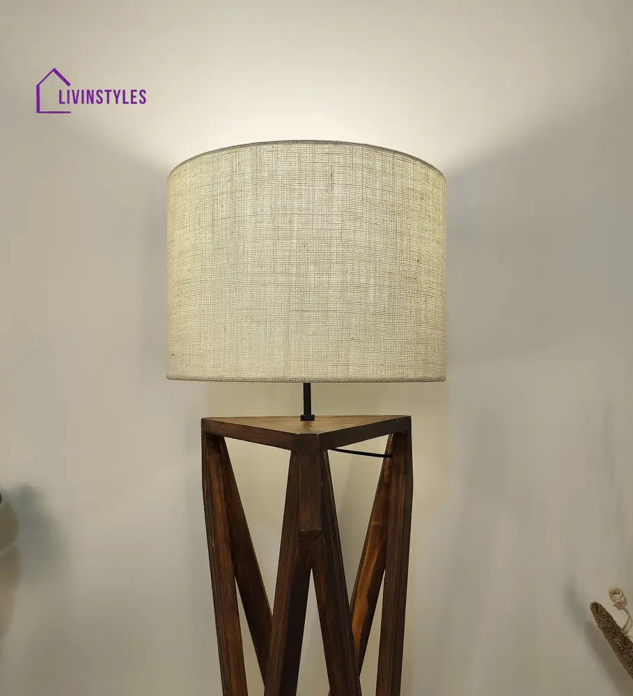 Ignis Wooden Floor Lamp With Brown Base And Jute Fabric Lampshade Lamps