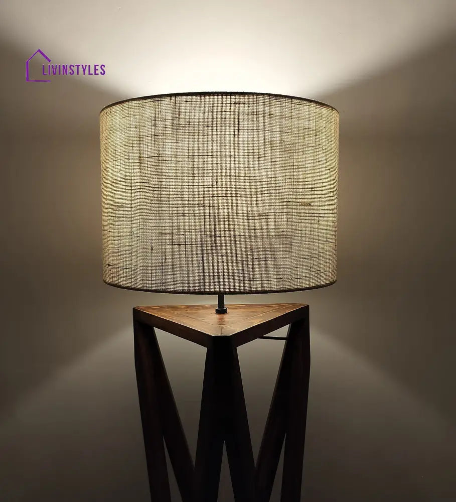 Ignis Wooden Floor Lamp With Brown Base And Jute Fabric Lampshade Lamps