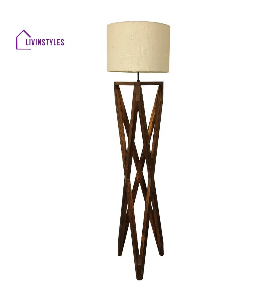 Ignis Wooden Floor Lamp With Brown Base And Jute Fabric Lampshade Lamps