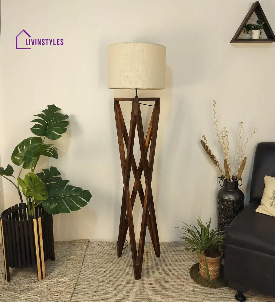 Ignis Wooden Floor Lamp With Brown Base And Jute Fabric Lampshade Lamps