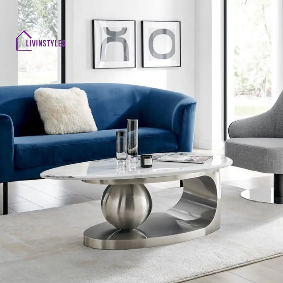 Inder Oval Coffee Table With Marble Top - Stainless Steel Pvd Coated