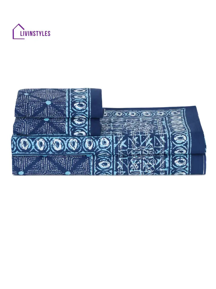 Indigo Dabu Print Cotton Double Bed Sheet With 2 Pillow Covers