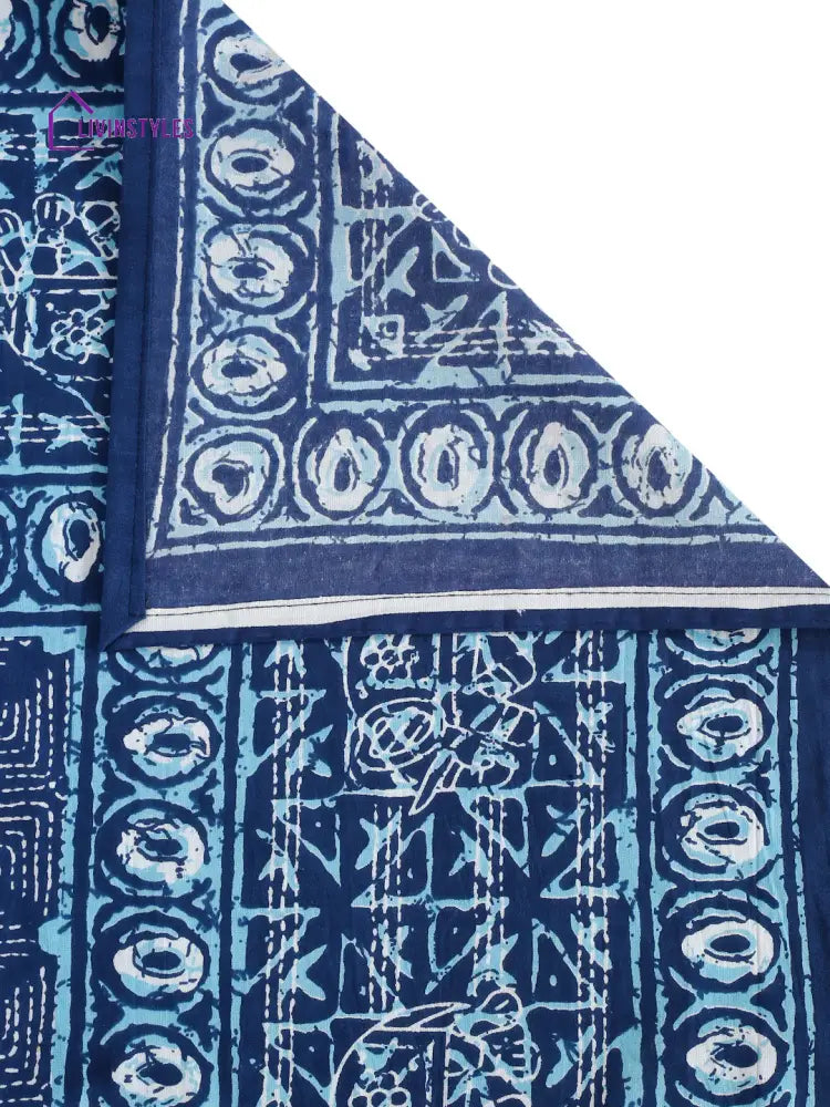 Indigo Dabu Print Cotton Double Bed Sheet With 2 Pillow Covers