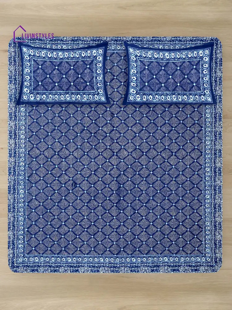 Indigo Dabu Print Cotton Double Bed Sheet With 2 Pillow Covers