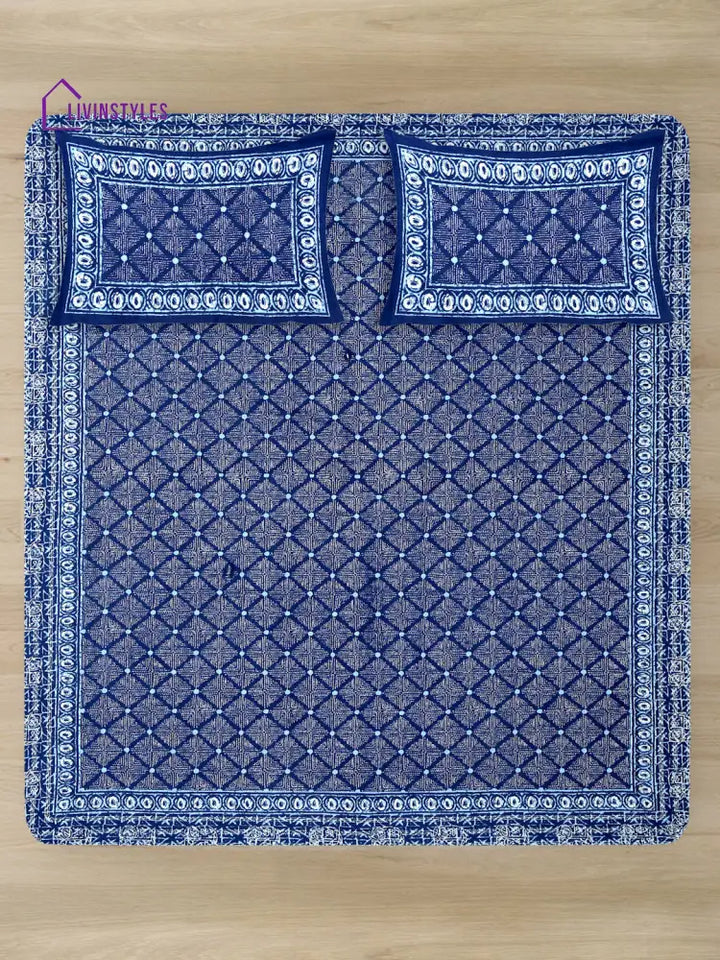 Indigo Dabu Print Cotton Double Bed Sheet With 2 Pillow Covers