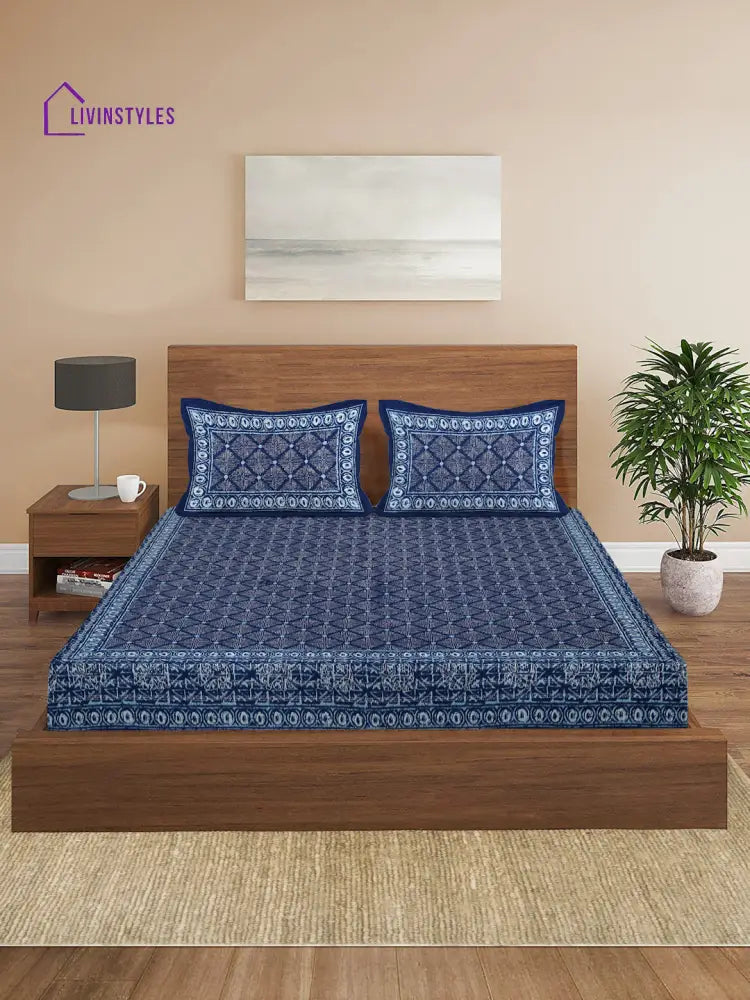 Indigo Dabu Print Cotton Double Bed Sheet With 2 Pillow Covers