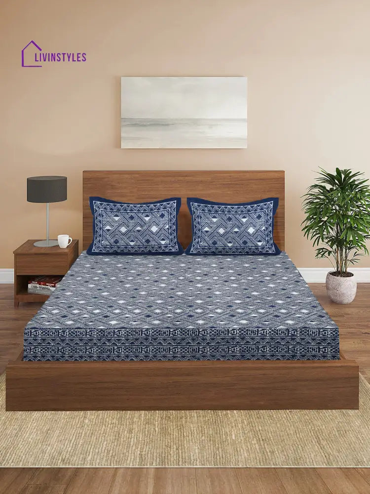 Indigo Dabu Print Cotton Double Bed Sheet With 2 Pillow Covers