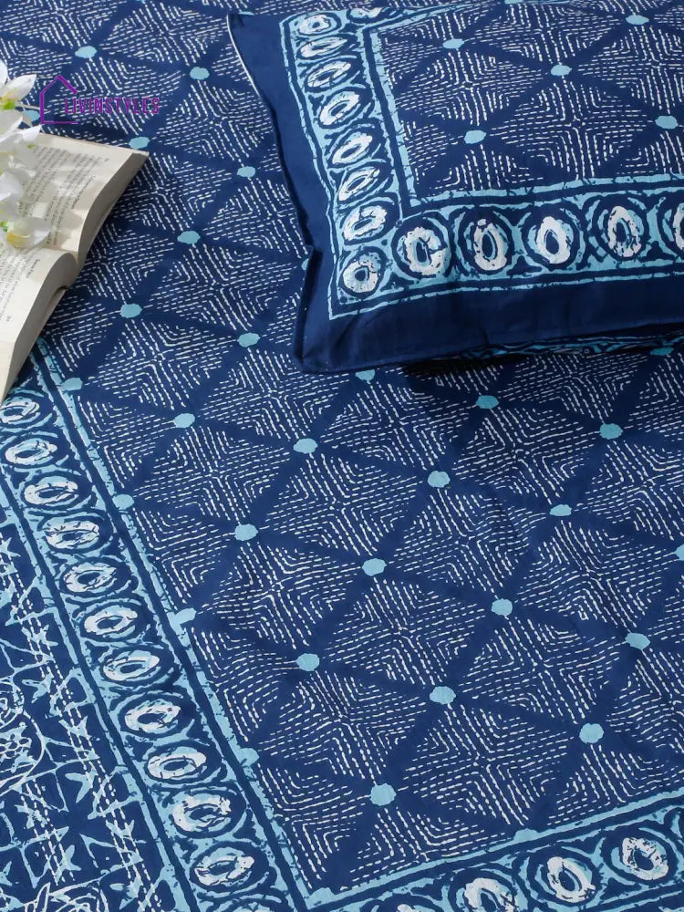 Indigo Dabu Print Cotton Double Bed Sheet With 2 Pillow Covers