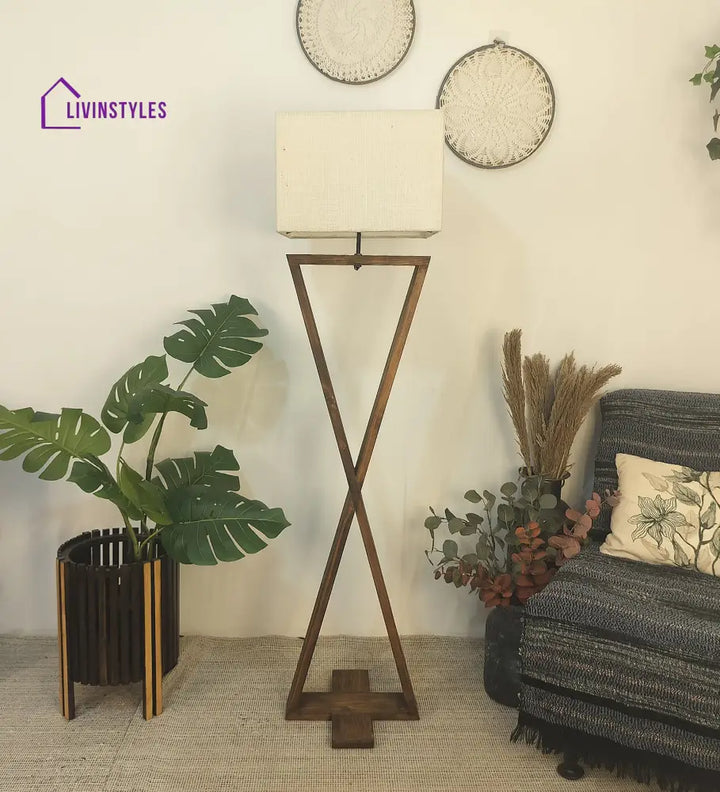 Infinity Wooden Floor Lamp With Brown Base And Beige Fabric Lampshade Lamps