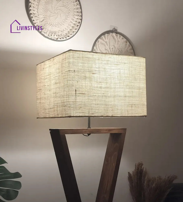 Infinity Wooden Floor Lamp With Brown Base And Beige Fabric Lampshade Lamps