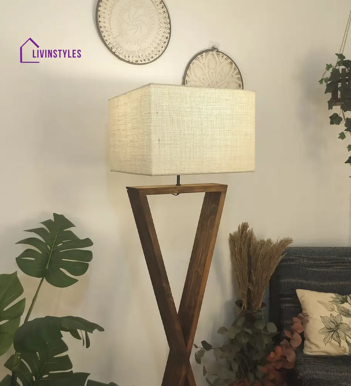 Infinity Wooden Floor Lamp With Brown Base And Beige Fabric Lampshade Lamps