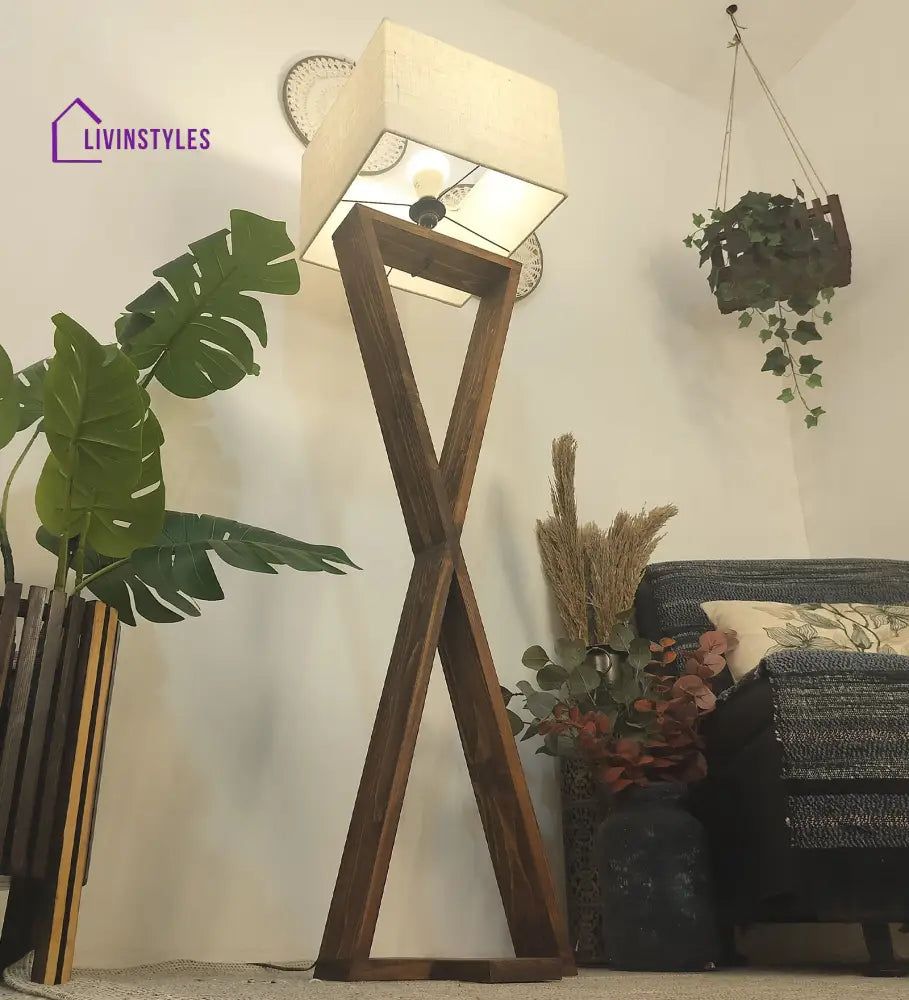 Infinity Wooden Floor Lamp With Brown Base And Beige Fabric Lampshade Lamps