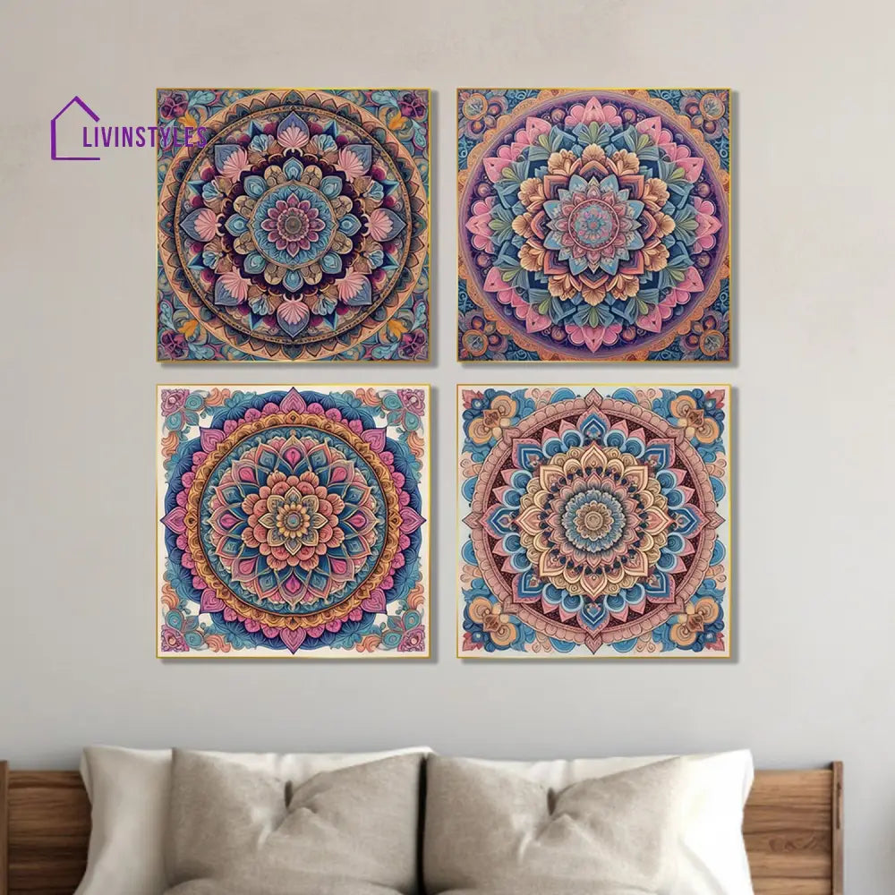 Intricate Mandala Flower Canvas Set Printed Wall Painting Of 4