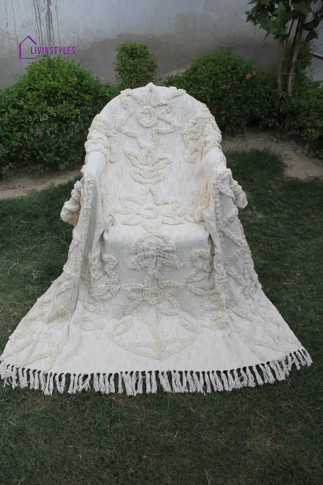 Ivory Floral Design Hand Tufted Cotton Throw Blanket Throws & Blankets