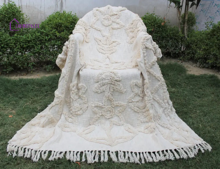 Ivory Floral Design Hand Tufted Cotton Throw Blanket Throws & Blankets