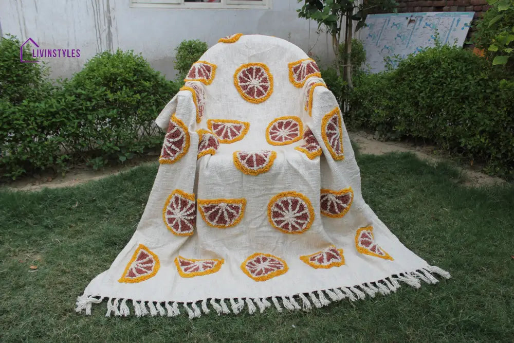 Ivory Hand Tufted Orange Slices Cotton Throw Blanket Throws & Blankets