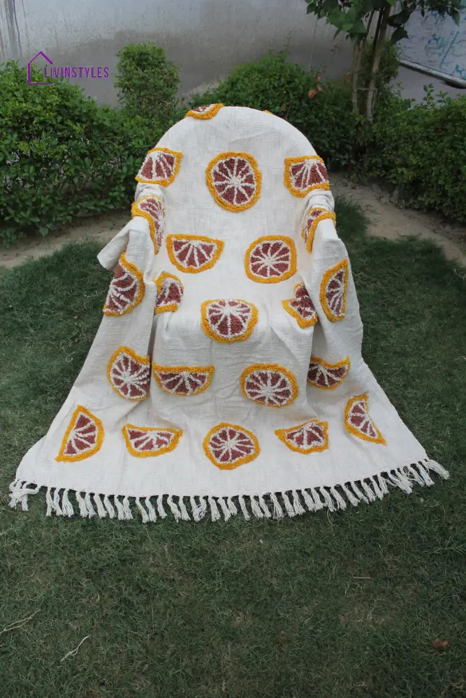 Ivory Hand Tufted Orange Slices Cotton Throw Blanket Throws & Blankets