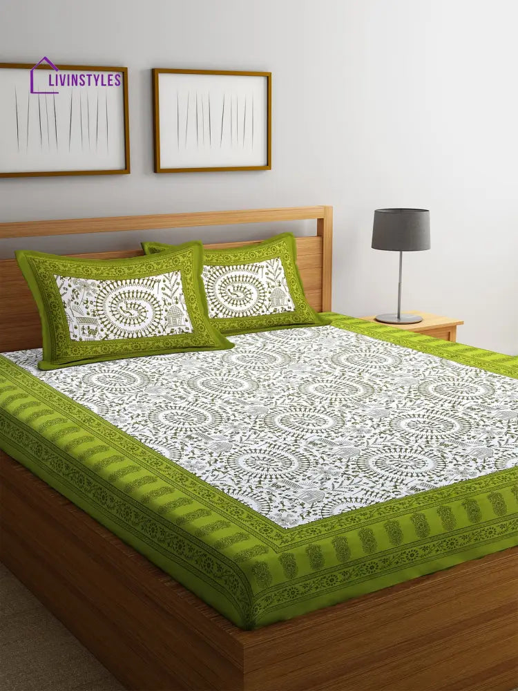 Jaipuri Tradional Print White And Green Double Bedsheet With 2 Pillow Coverss