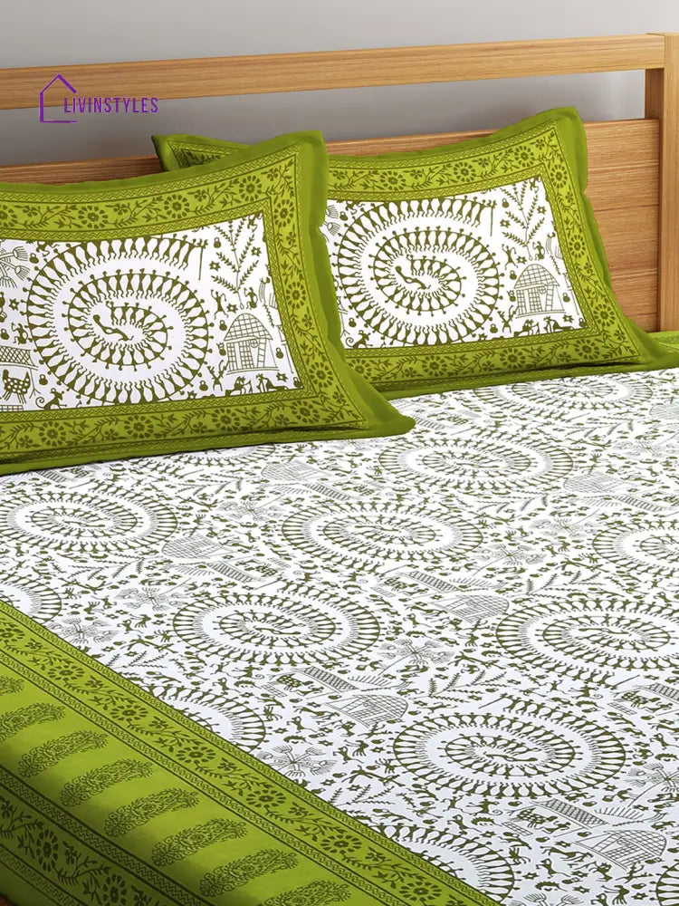 Jaipuri Tradional Print White And Green Double Bedsheet With 2 Pillow Coverss