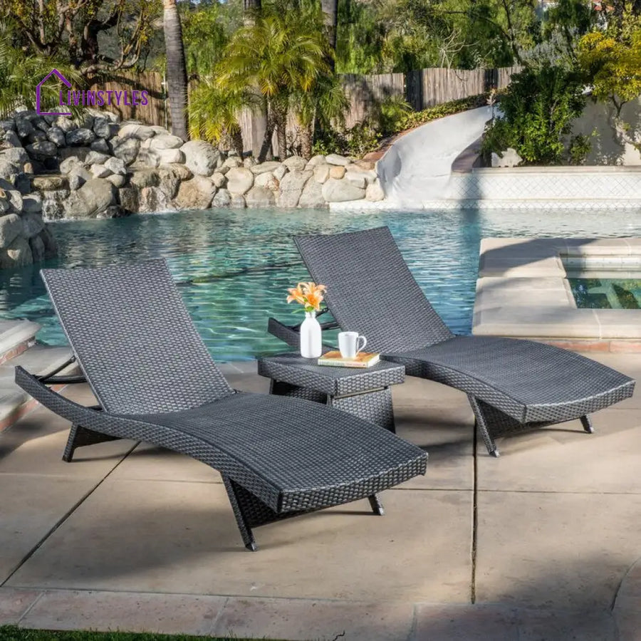 Jasmine Outdoor Wicker Chaise Lounge With Table - Set Of 2