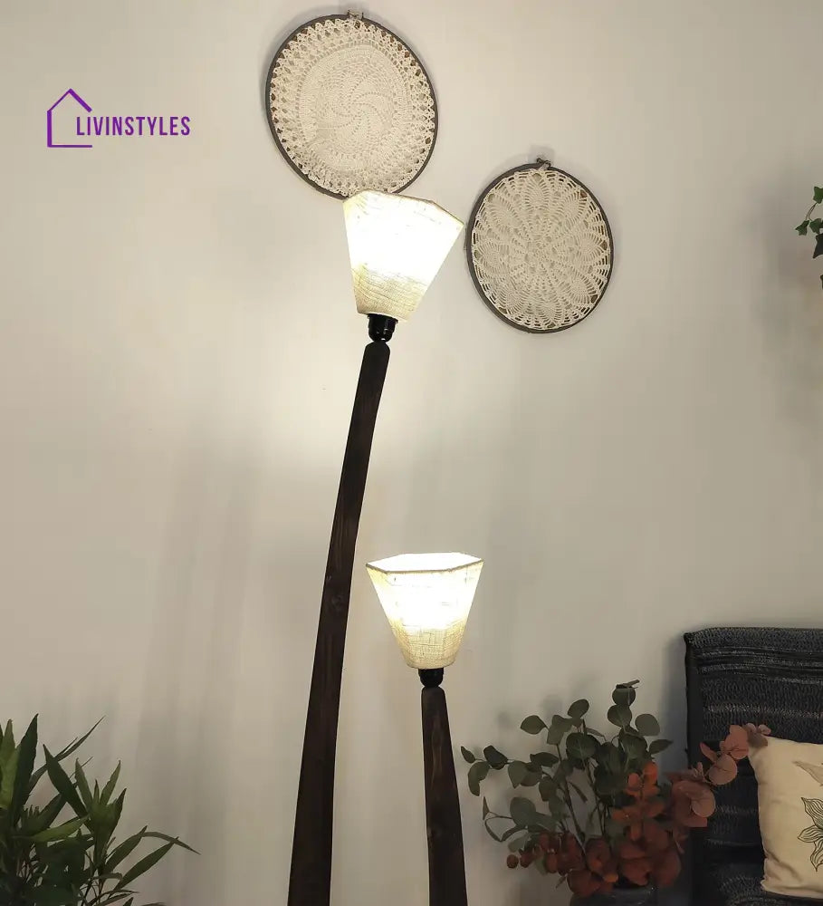 Jasper Wooden Floor Lamp With Brown Base And Beige Fabric Lampshade Lamps