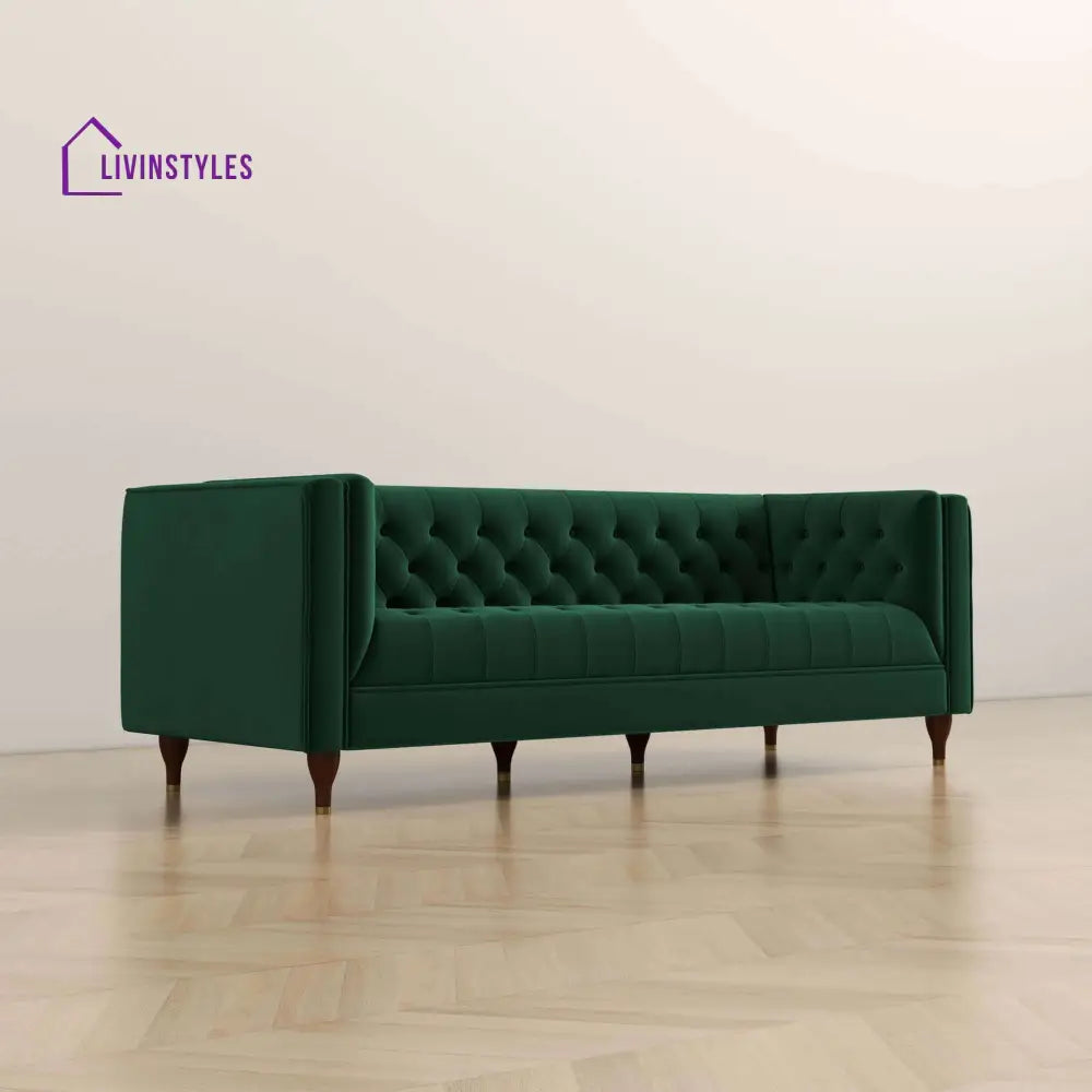 Jeevan Green Three Seater Velvet Sofa For Living Room